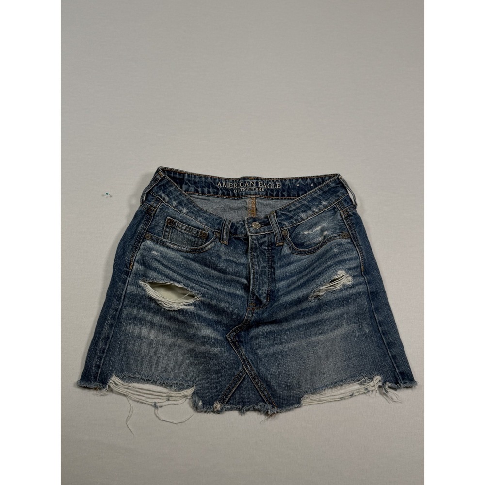 American Eagle Denim Skirt Womens 2 Blue Distressed‎ Raw Frayed Hem Mini Casual